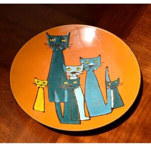 Vintage MCM Enamelware Cat Plate Orange Geometric 1960s Retro Enamel Tray